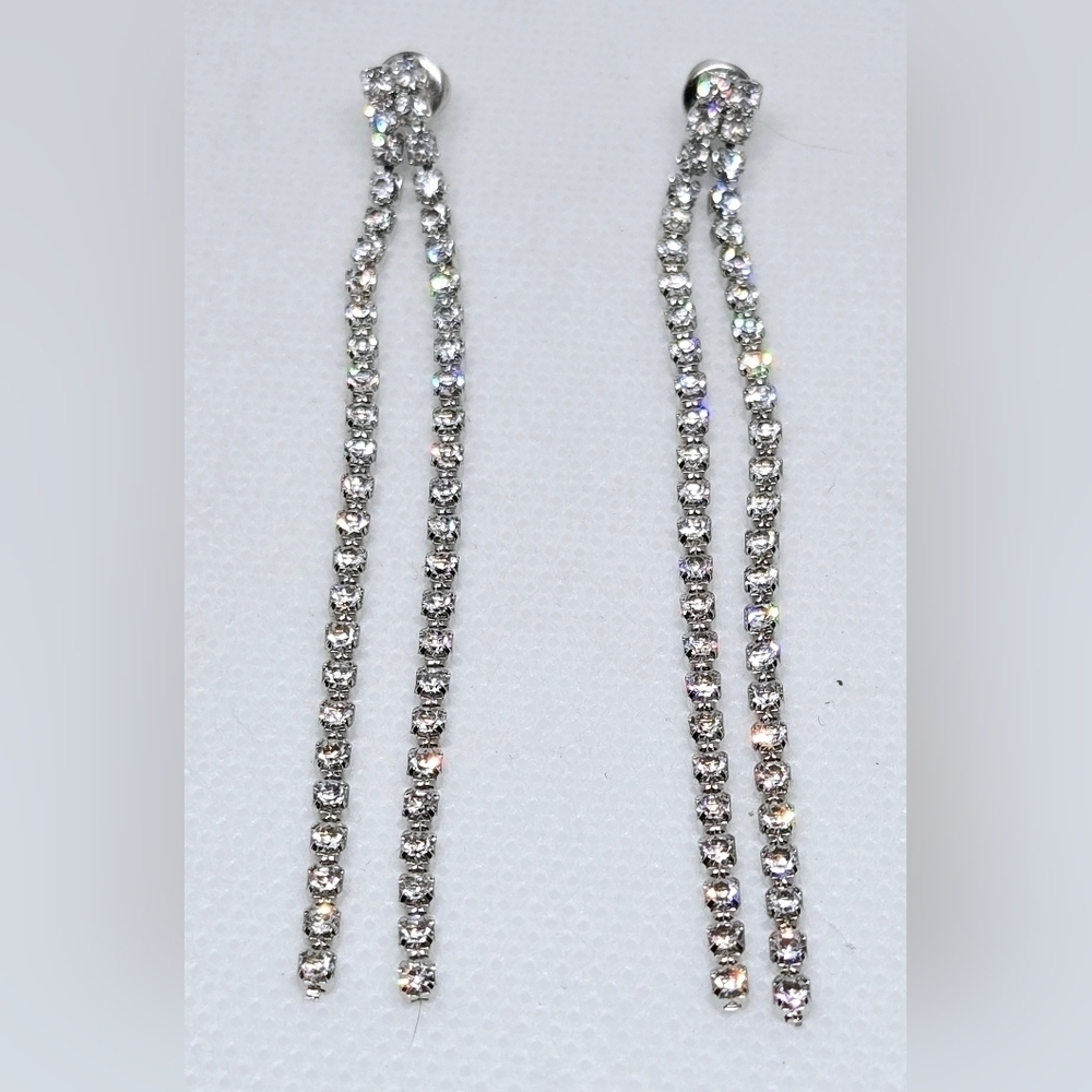 Silver Tone Rhinestone Double Strand Dangle Earrings Statement